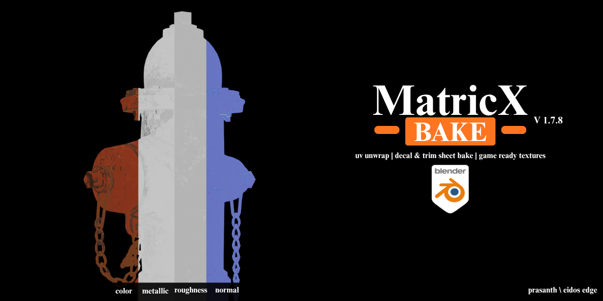MatricX Bake 1.7.8: a fire hydrant split into its baked color, metallic, roughness and normal maps.
