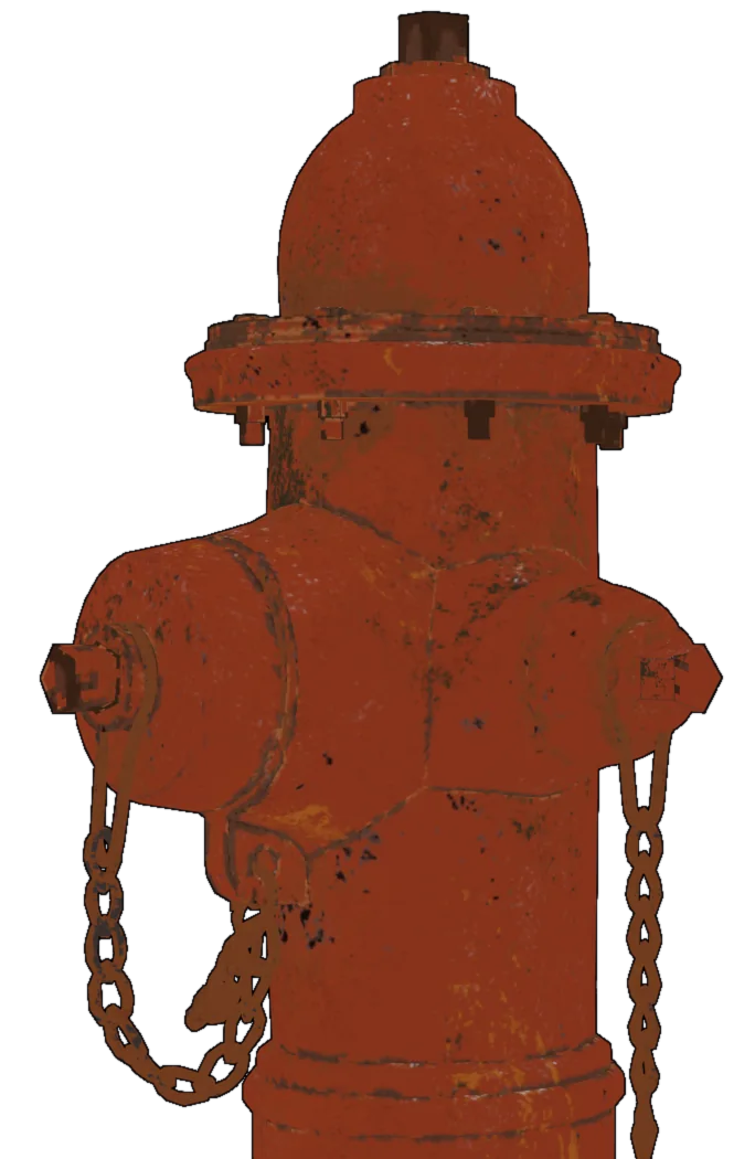 A worn red fire hydrant baked by MatricX Bake, shown split into its Base Color, Roughness, Normal and Metallic maps.