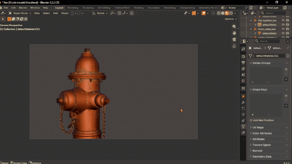 Choosing the maps to bake for a fire hydrant in the MatricX Bake panel, then baking them.