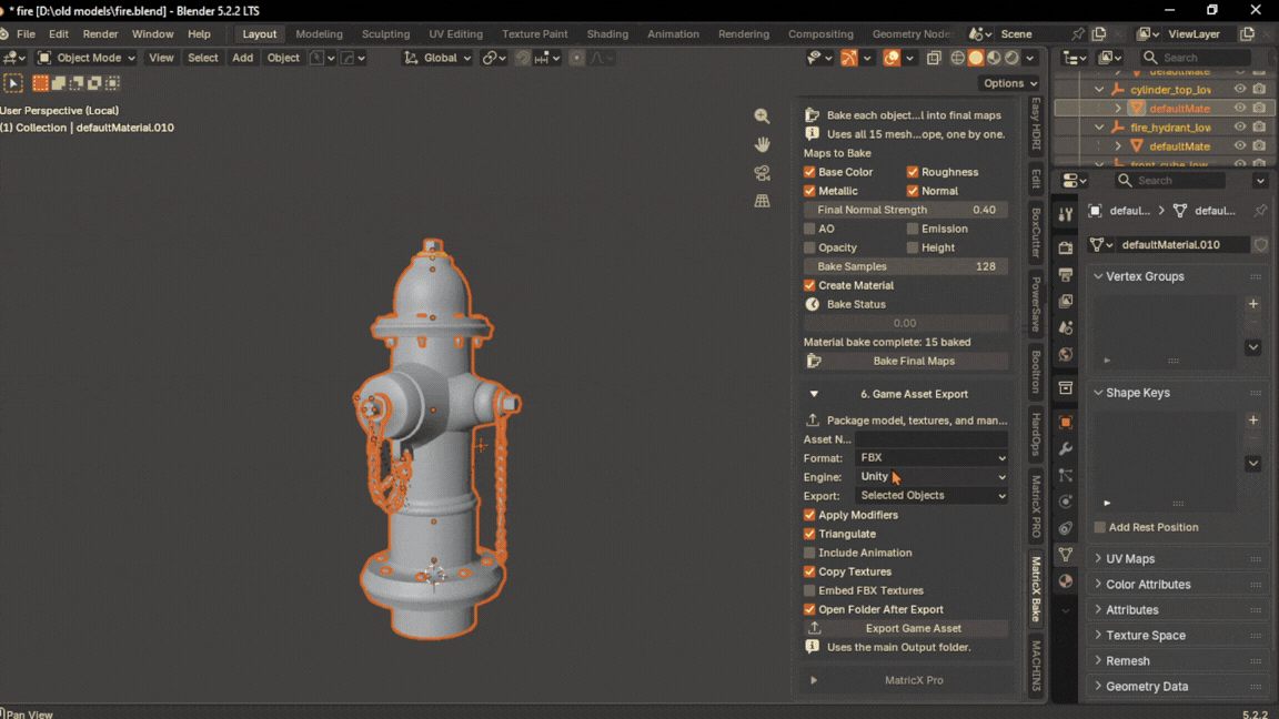 Exporting a baked fire hydrant with Game Asset Export, then the exported model and texture files in the output folder.