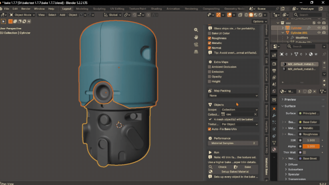 Baking a multi-part model into one texture set with MatricX Bake, then setting up the baked material.