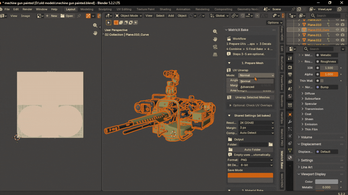 Unwrapping a turret model with MatricX Bake's Prepare UVs step.