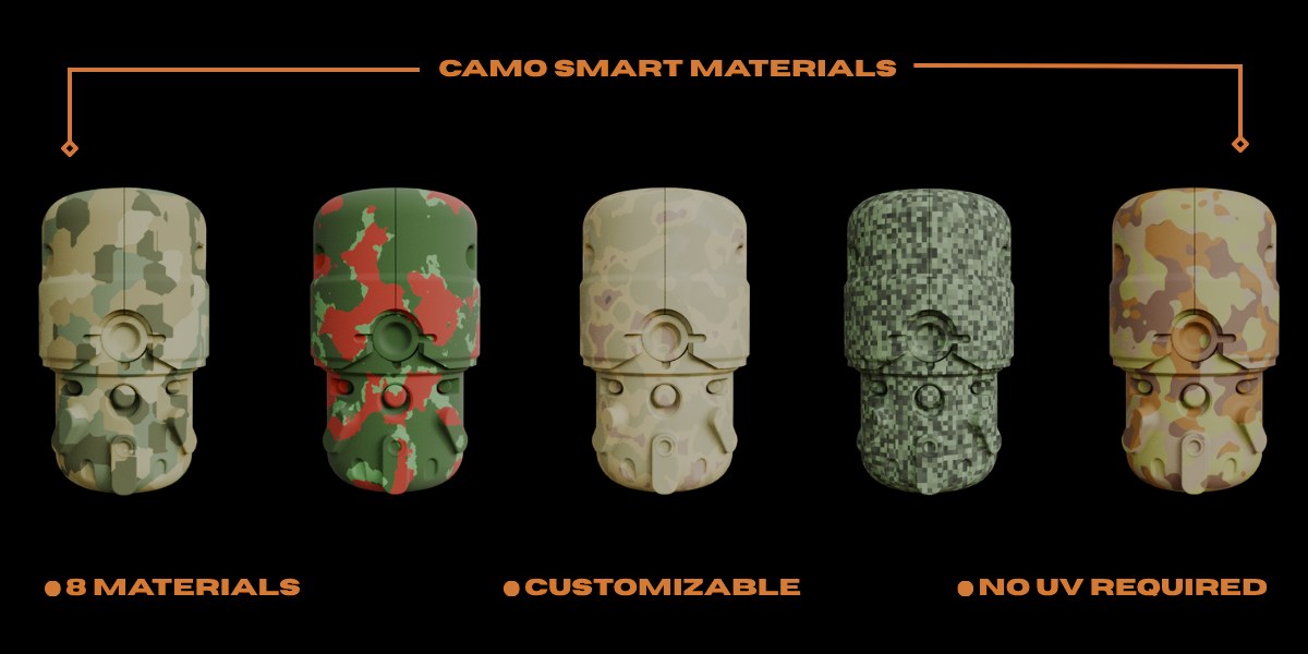 Camo smart materials: 8 materials, customizable, no UV required.