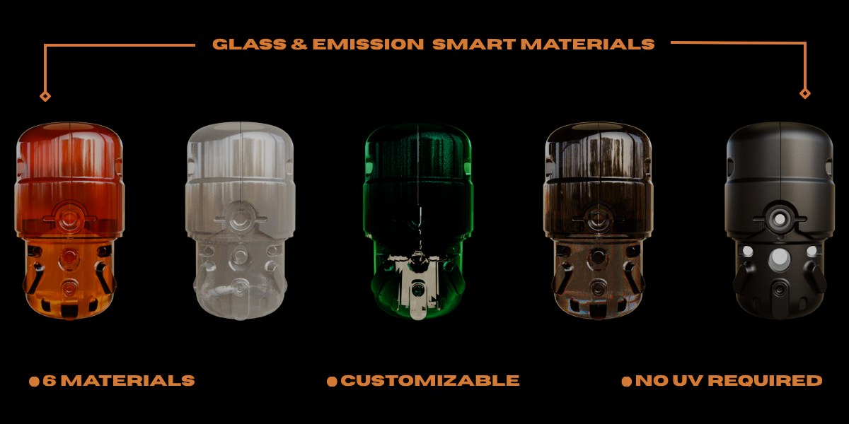 Glass and emission smart materials: 6 materials, customizable, no UV required.