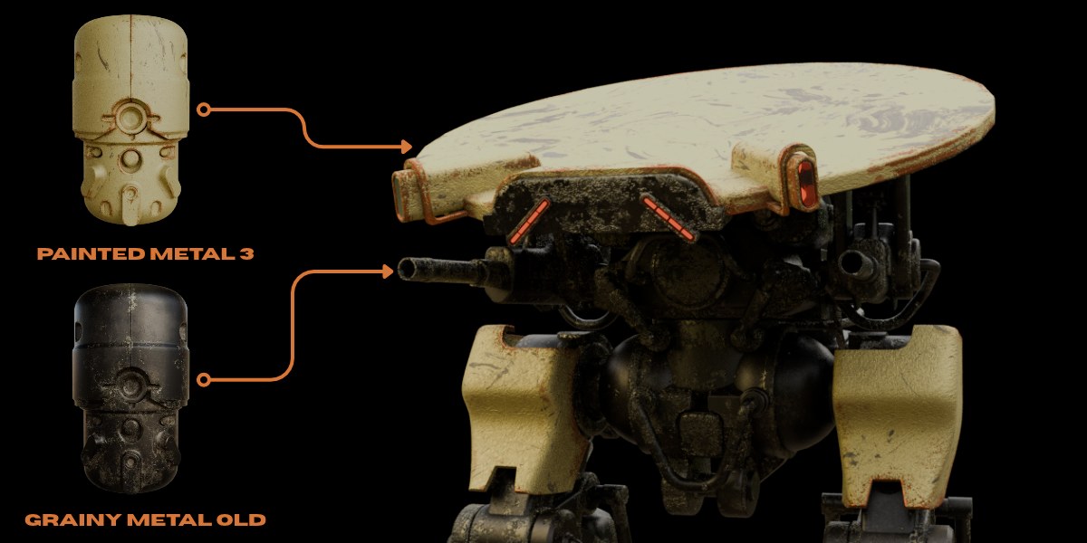 A robot finished with two MatricX materials: Painted Metal 3 on the armour and a grainy old iron on the frame.