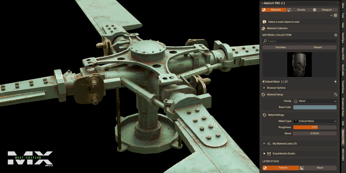 MatricX PRO 2.1: a weathered rotor hub finished with MatricX materials, beside the MatricX PRO panel.