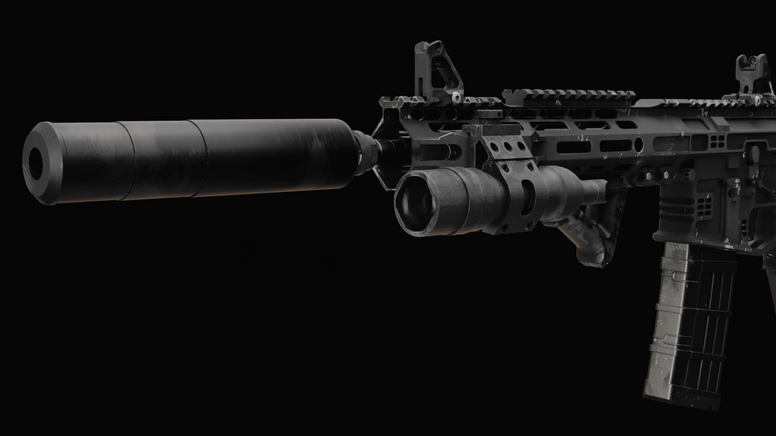 A suppressed rifle with worn black finish and edge wear, finished with MatricX.