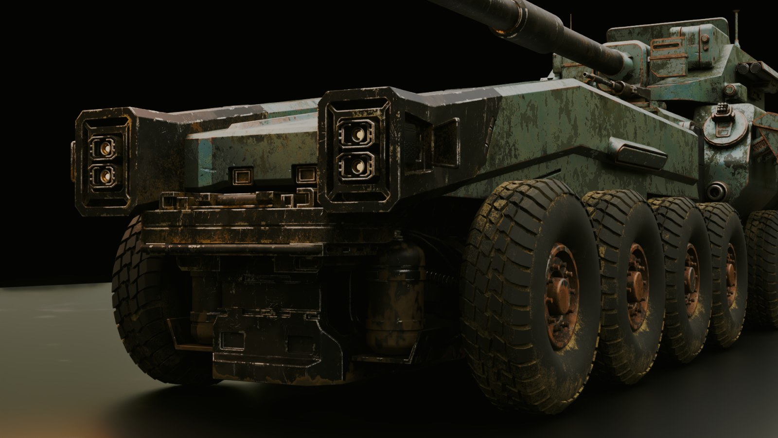 An eight-wheeled armoured vehicle with worn camouflage paint, rust and dirt, finished with MatricX.