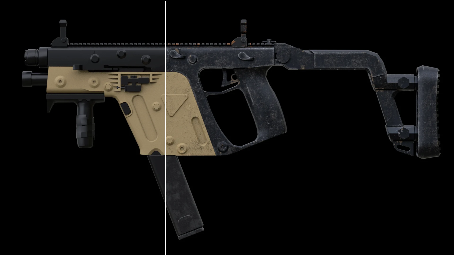The same weapon with its base materials only (left) and finished with MatricX imperfection layers (right).