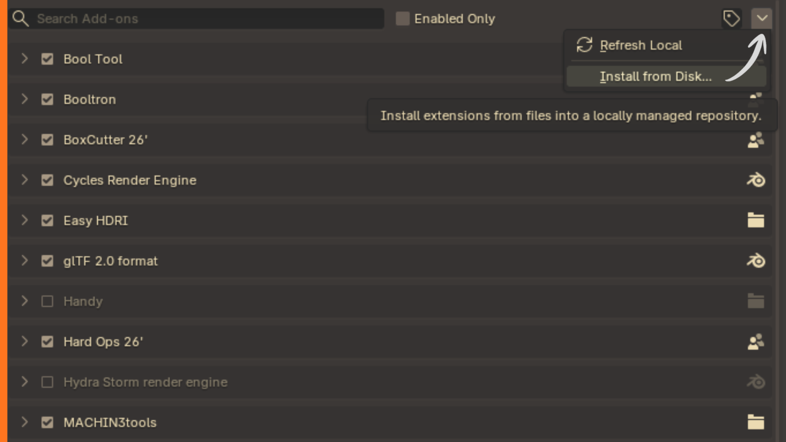 Edit → Preferences → Add-ons (or Get Extensions) → dropdown → Install from Disk.