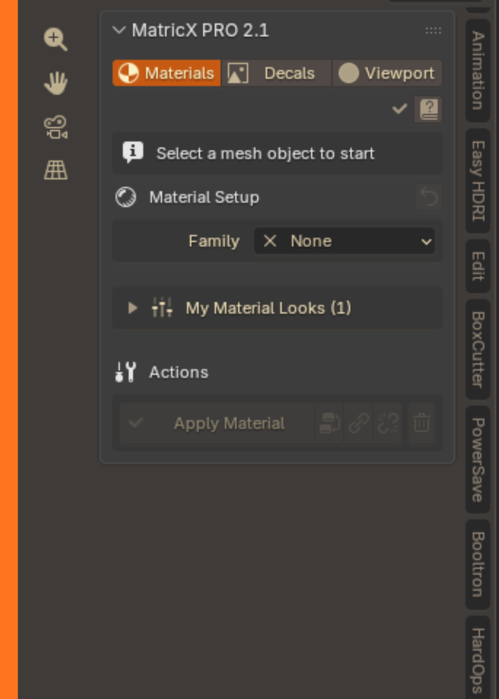 The MatricX PRO tab with no object selected: workspace tabs, Help, Material Setup with the Family row, My Material Looks and Actions.