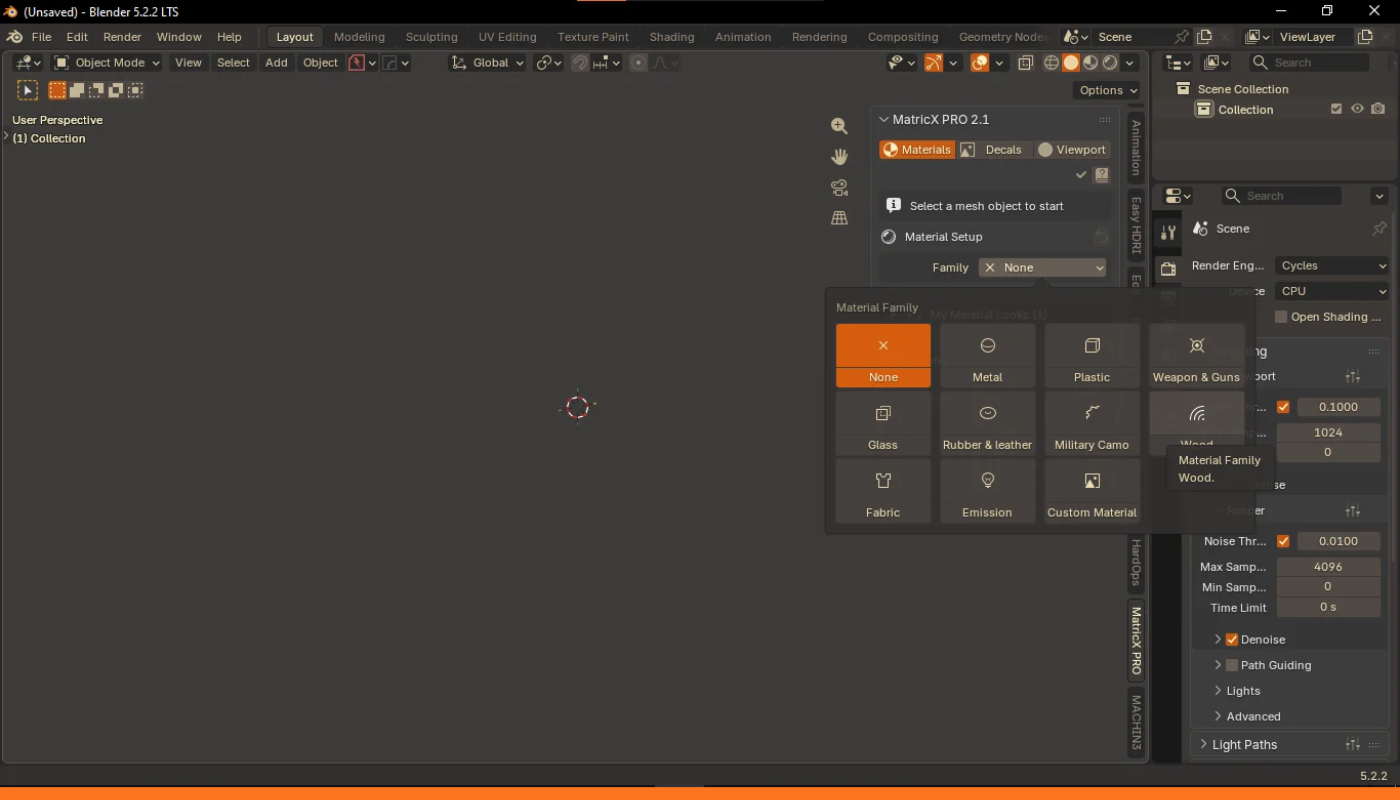 The Material Family picker: one click switches the collection.