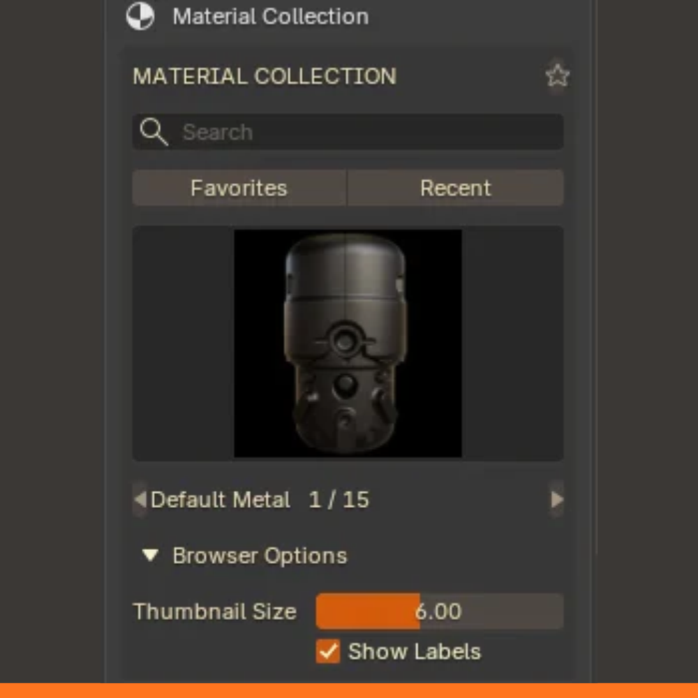 The Material Collection: search, Favorites / Recent, previous / next, and Browser Options.