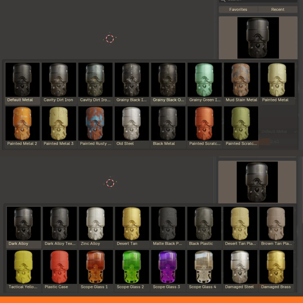 The collection browser showing Metal (top) and Weapon & Guns (bottom).