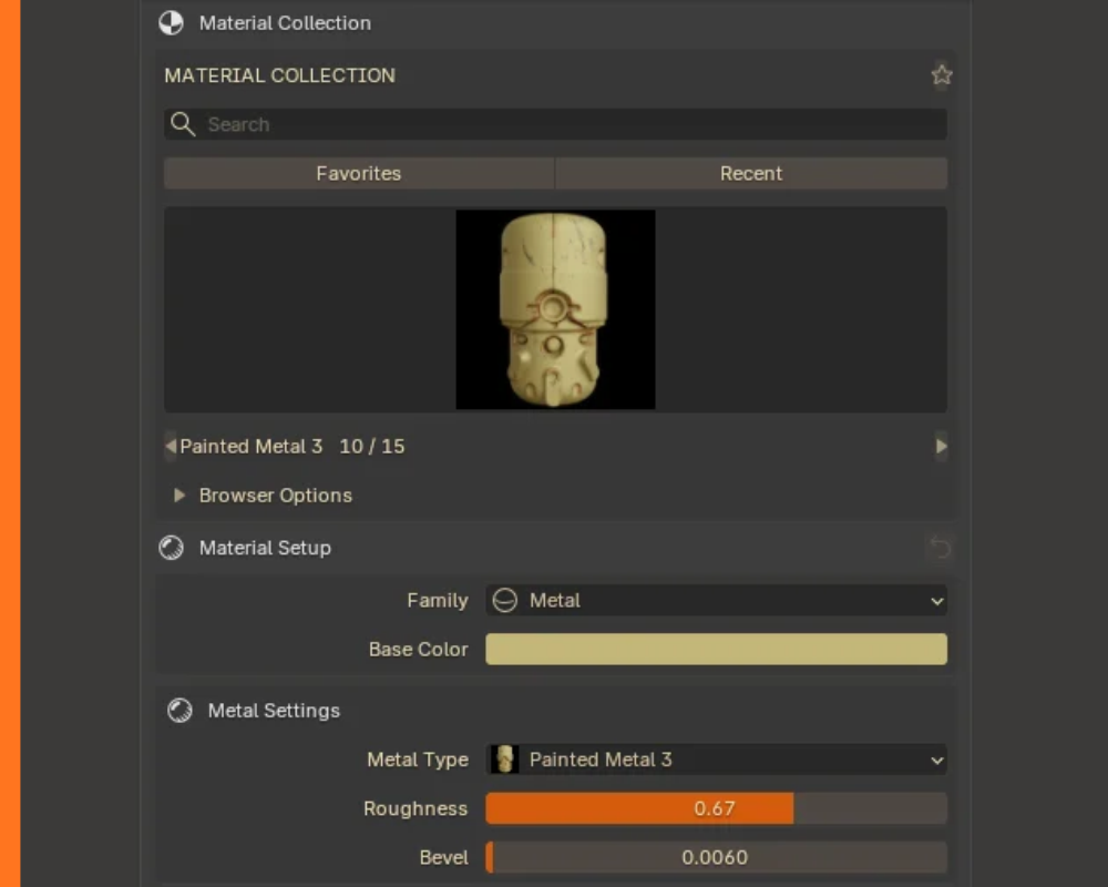 Material Setup for a Metal recipe (Painted Metal 3): Family, Base Color and Metal Settings.