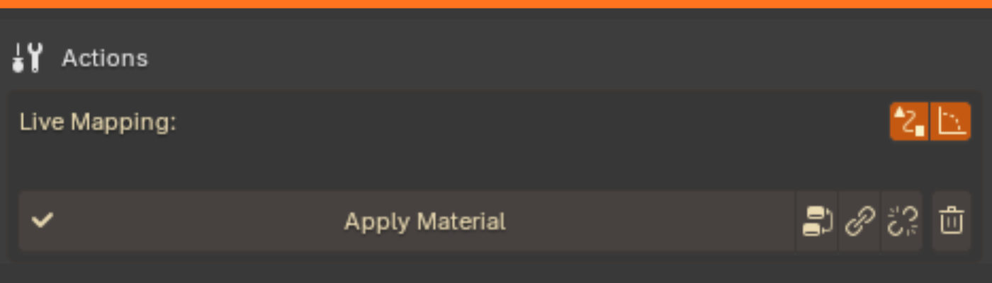 The Actions box: Live Mapping toggles, Apply Material, then Arrange, Link, Make Unique and Remove.