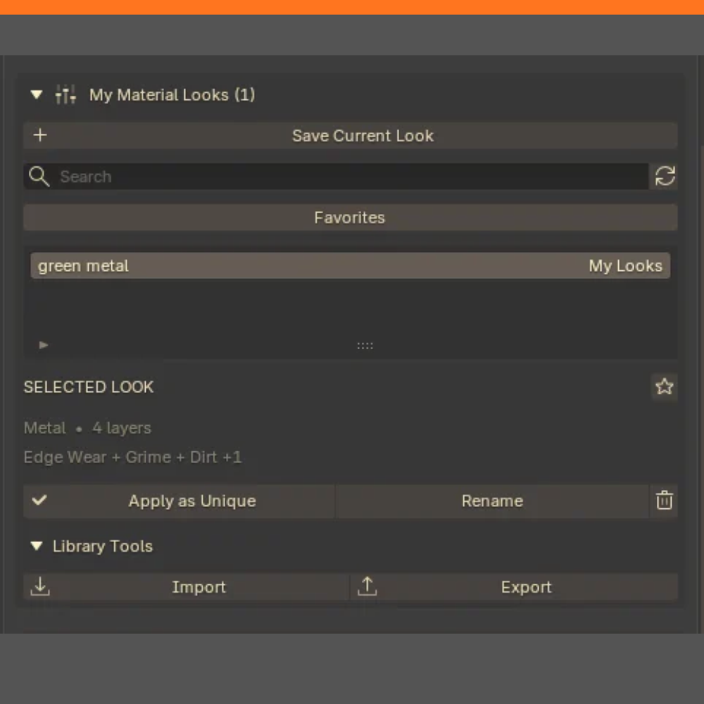 My Material Looks: Save Current Look, search, Favorites, the selected look and Library Tools.