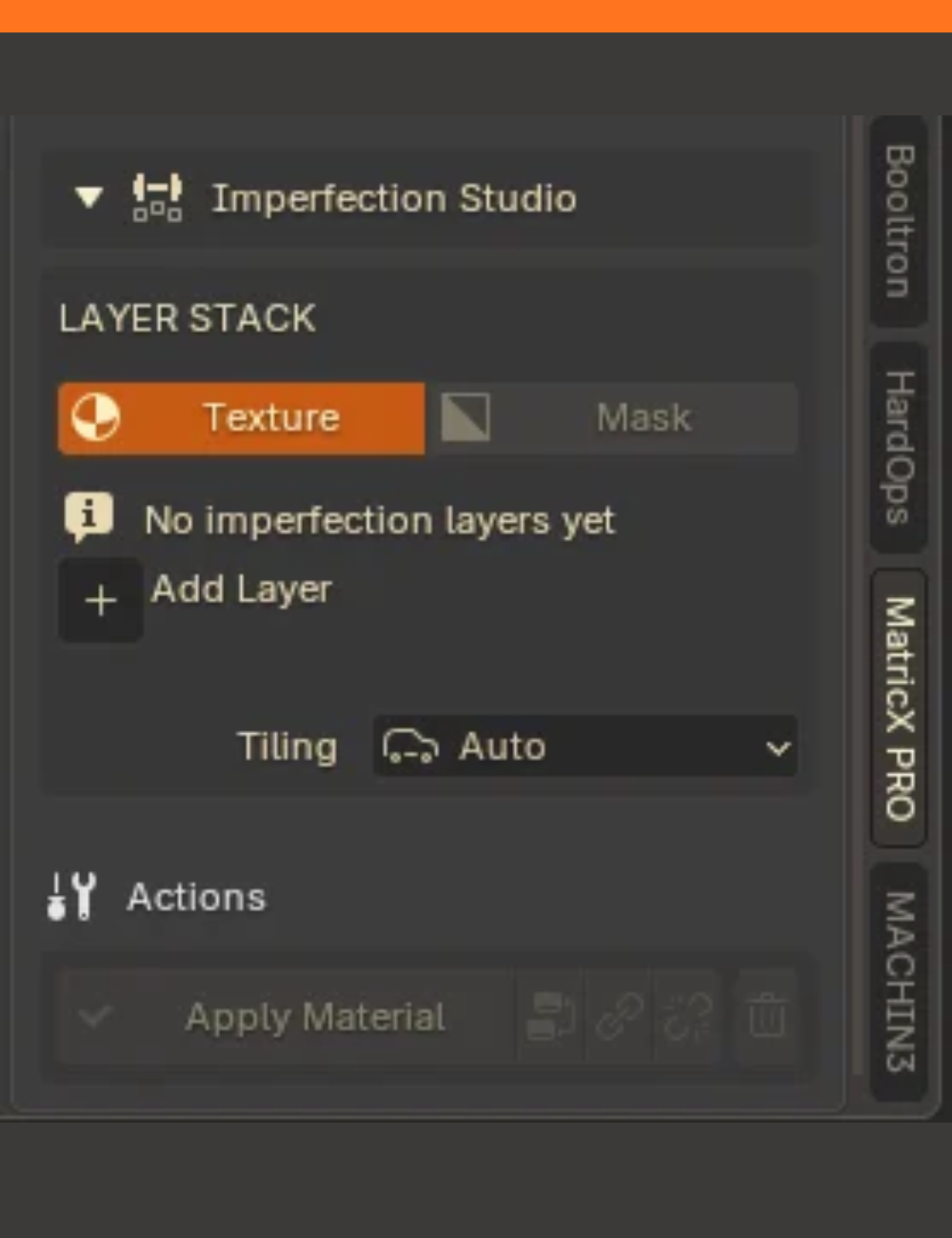 Imperfection Studio before the first layer: Texture / Mask, Add Layer and Tiling.