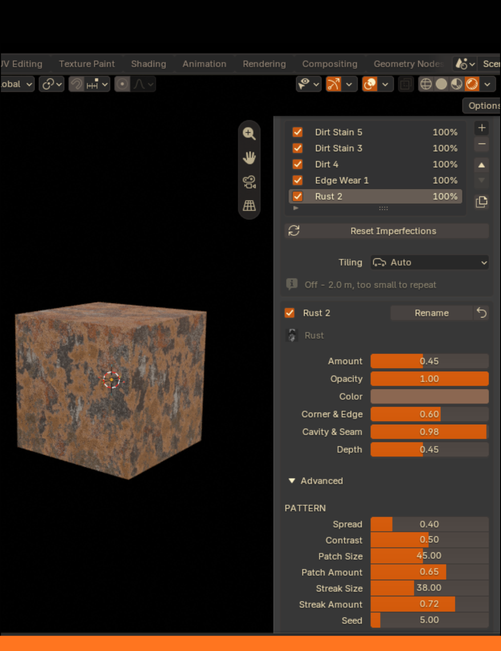A Rust layer on a recipe: Amount, Opacity, Color, its own controls and Depth, then Advanced opening on Pattern.