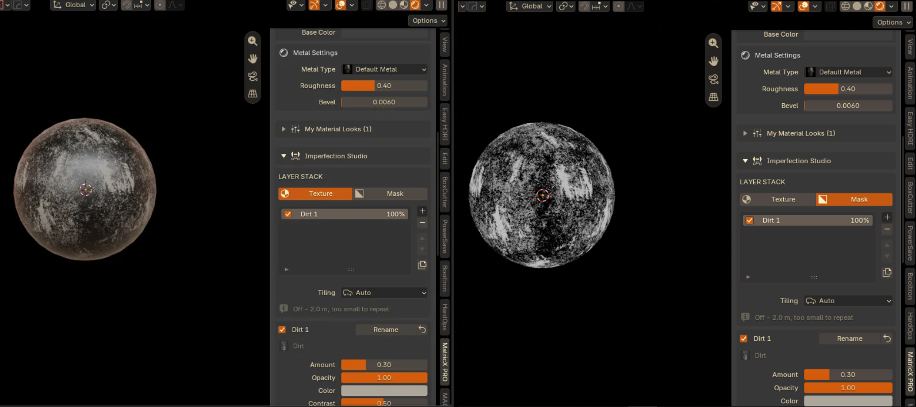 The same Dirt layer in Texture view (left) and Mask view (right).