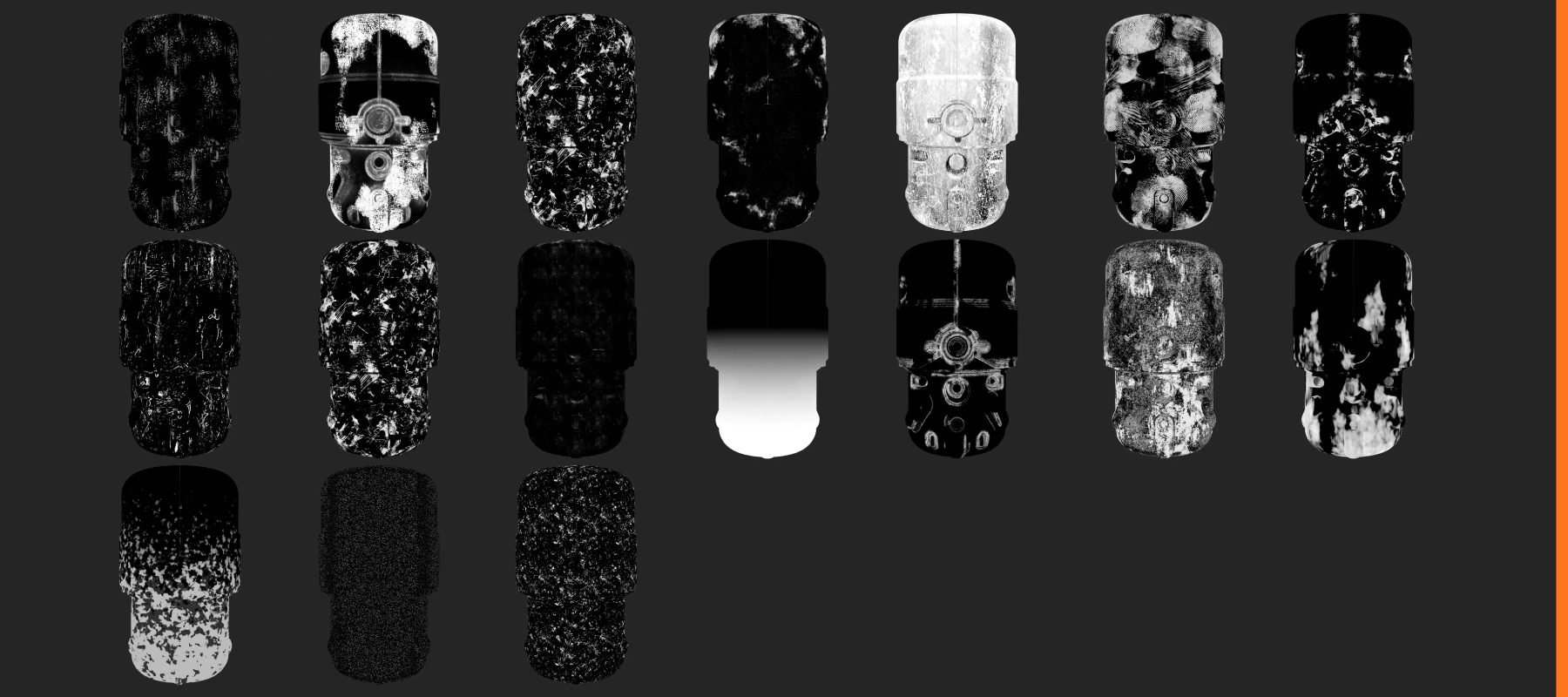 The imperfection types in Mask view — white is where each one appears. Their names and colour thumbnails are in the Add Layer grid (Section 13).