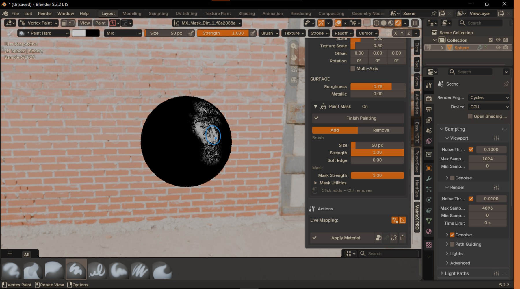 Painting a Dirt layer's mask in Vertex Paint, with the Add / Remove modes, Brush and Mask controls in the panel.