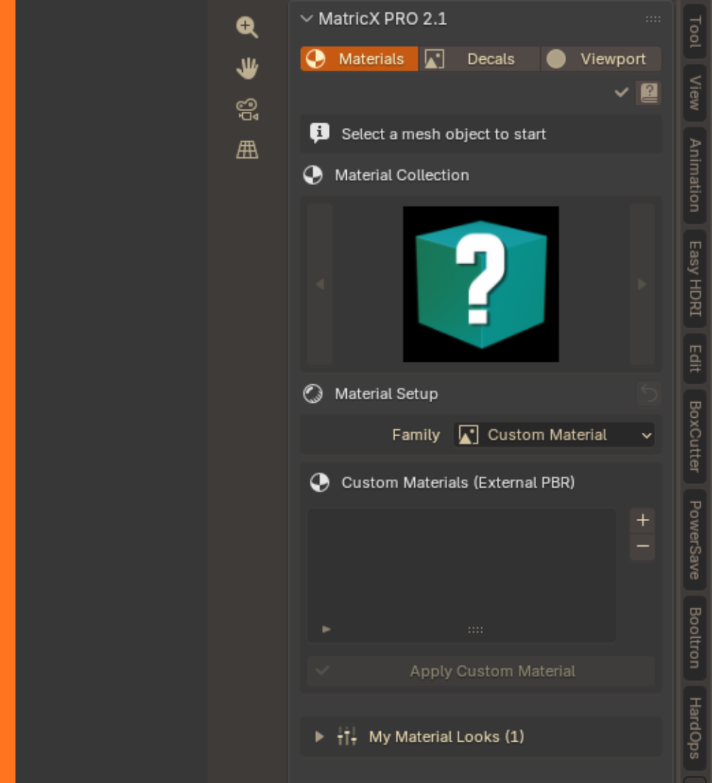 The Custom Material family before a texture set is added — click + to import one.
