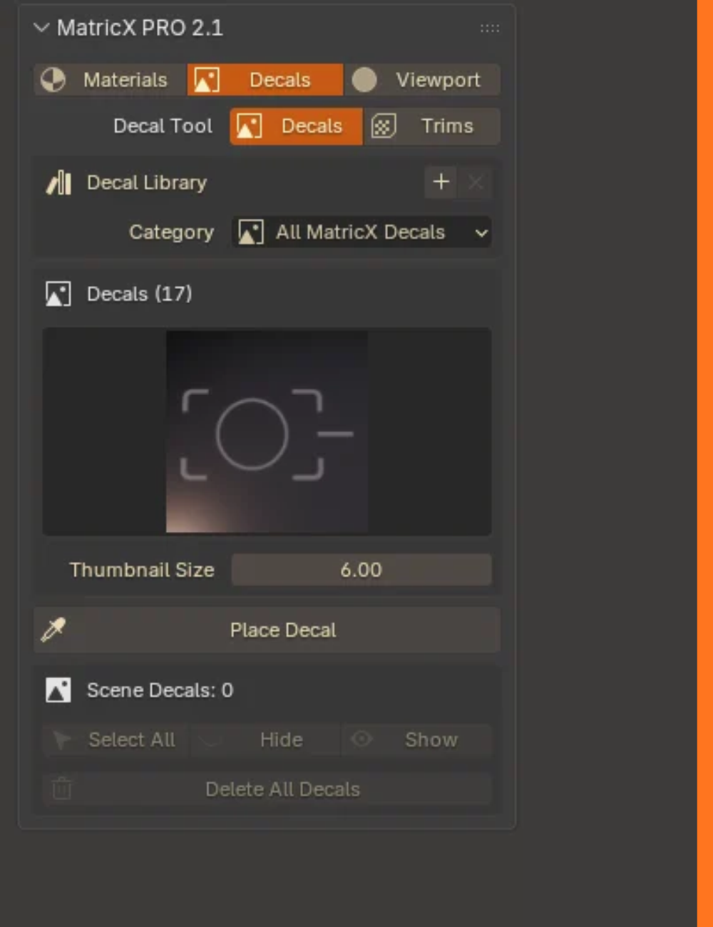 The Decals workspace: Decal Library, the 17 MatricX decals, Place Decal and Scene Decals.