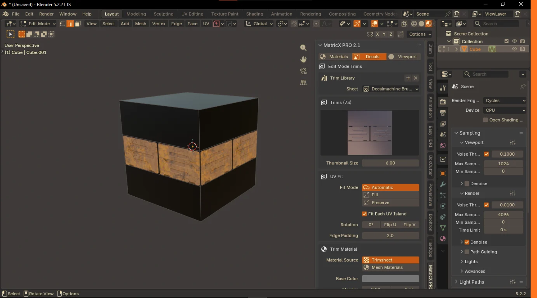 Trims mode in Edit Mode: a trim region applied to the selected faces, with UV Fit and Trim Material.