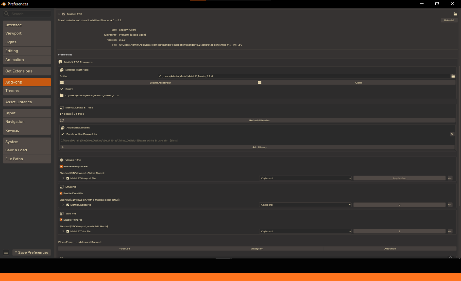 MatricX PRO preferences: asset pack, decals & trims, libraries, pie shortcuts and links.